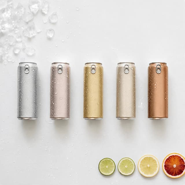 Overhead flat lay of five slim unprinted aluminium cans in a row with ice chips and citrus wheels on white