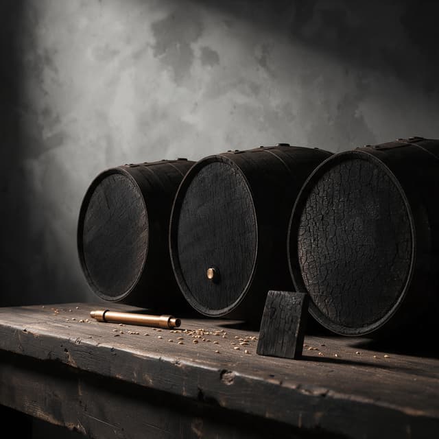 Charred oak barrels resting on a heavy wooden rail in a dim warehouse with scattered grain and a brass valinch in the foreground
