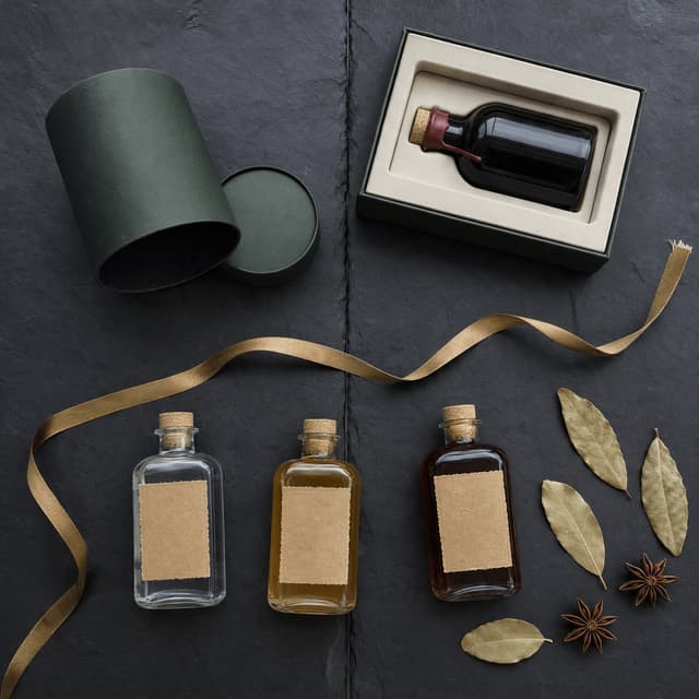 Overhead gift set of a green tube, an open presentation box, three miniature bottles and brass ribbon on dark slate