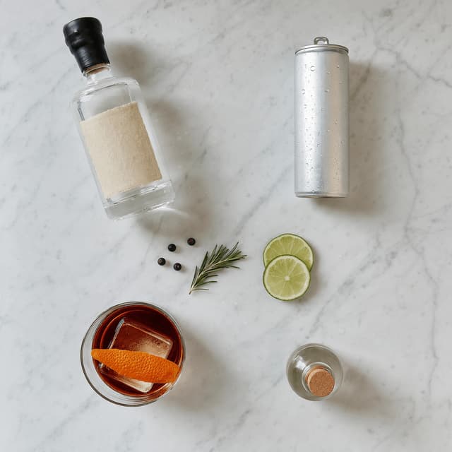Overhead grid of a bottle, a can, a finished cocktail and a miniature arranged evenly on white marble