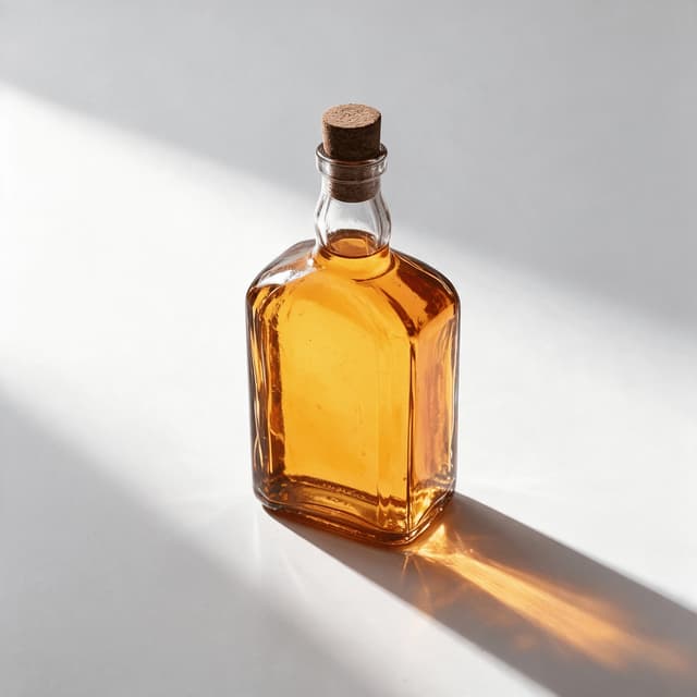 Single clear glass spirits bottle of amber cask-aged spirit with a natural cork and no label, standing on a bright pale surface