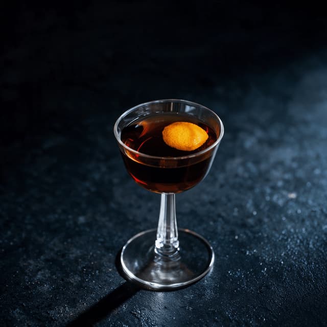 Single amber cocktail in a coupe glass with an expressed citrus twist on a dark slate surface