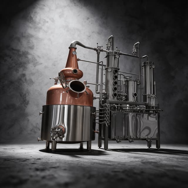 Single polished copper pot still with a swan neck standing in a bare concrete still house
