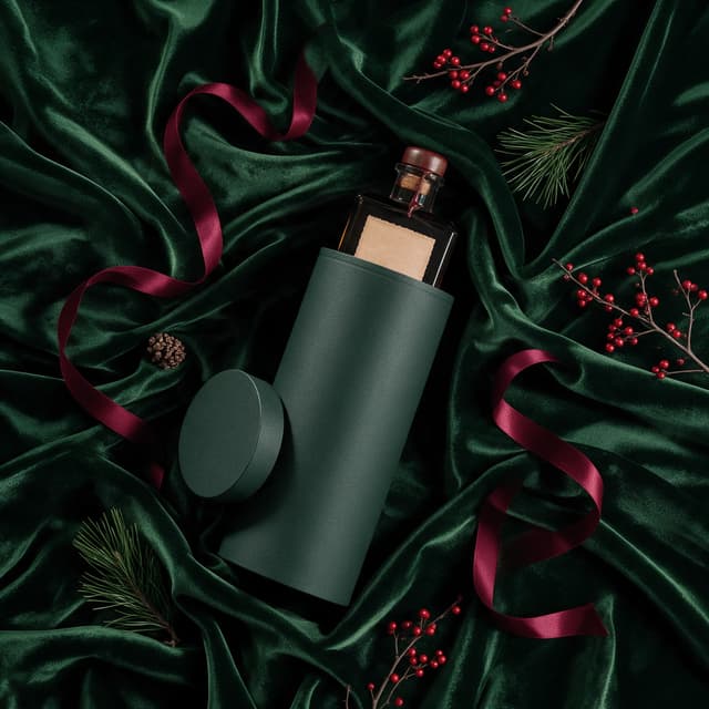 Dark green cylindrical gift tube lying open on deep green velvet with an unlabelled spirits bottle emerging and its lid alongside