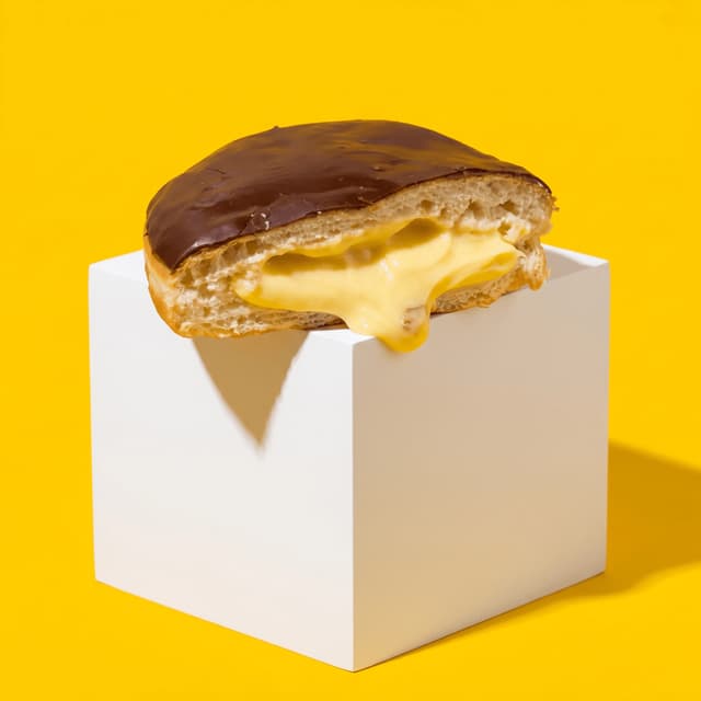 Bavarian cream filled donut split open chocolate top — filled donut card photography