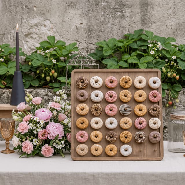 Donut wall display thirty donuts hanging hooks wedding event — donut wall card photography