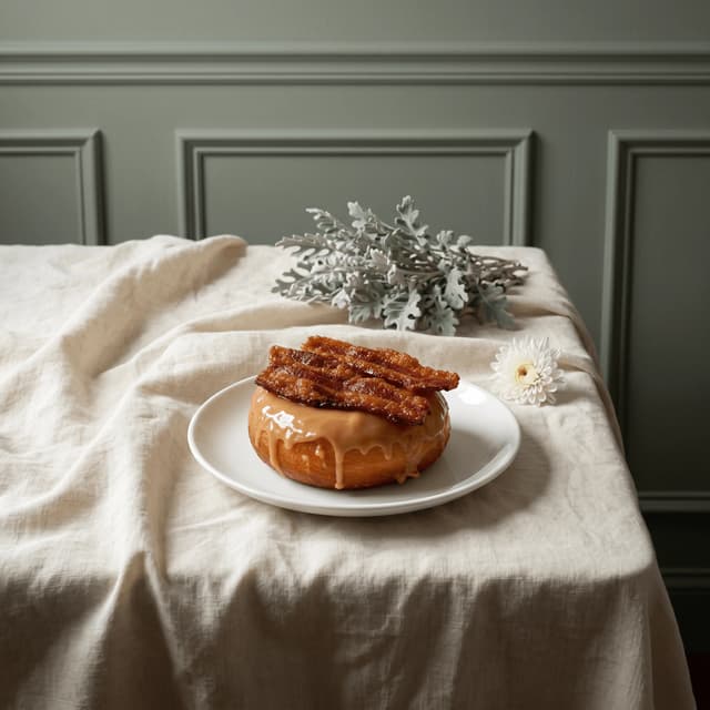 Maple bacon donut crispy candied bacon top maple glaze — gourmet specialty donut hero photography