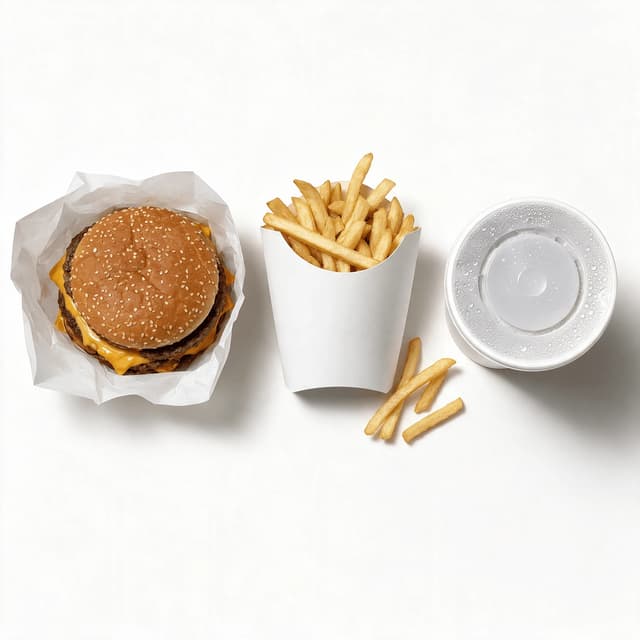 Overhead spread of a burger fries carton and drink cup arranged as three menu board tiles