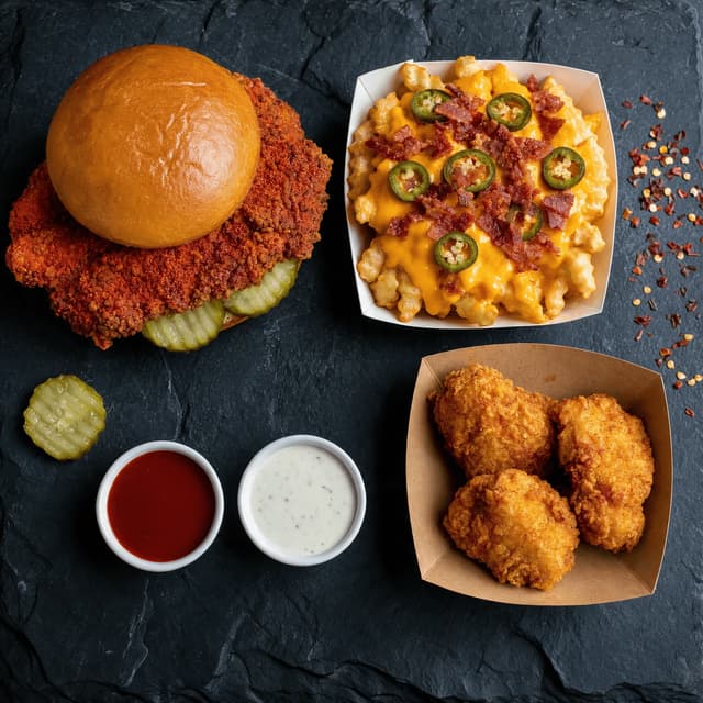 Dark overhead spread of a spicy chicken sandwich loaded fries and two sauce cups for an LTO launch