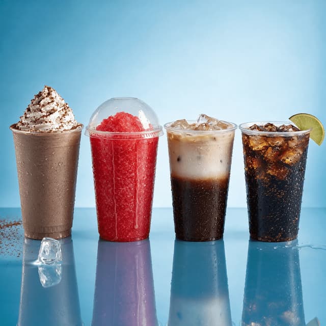 Row of four clear cups holding a chocolate shake a red frozen slush an iced coffee and a soda