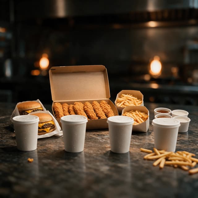 Family bundle spread with a box of chicken tenders two burgers two fry cartons and four drink cups
