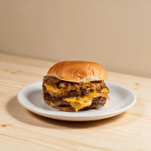 Double cheeseburger with melted cheese and a toasted sesame bun standing alone on a pale wood counter