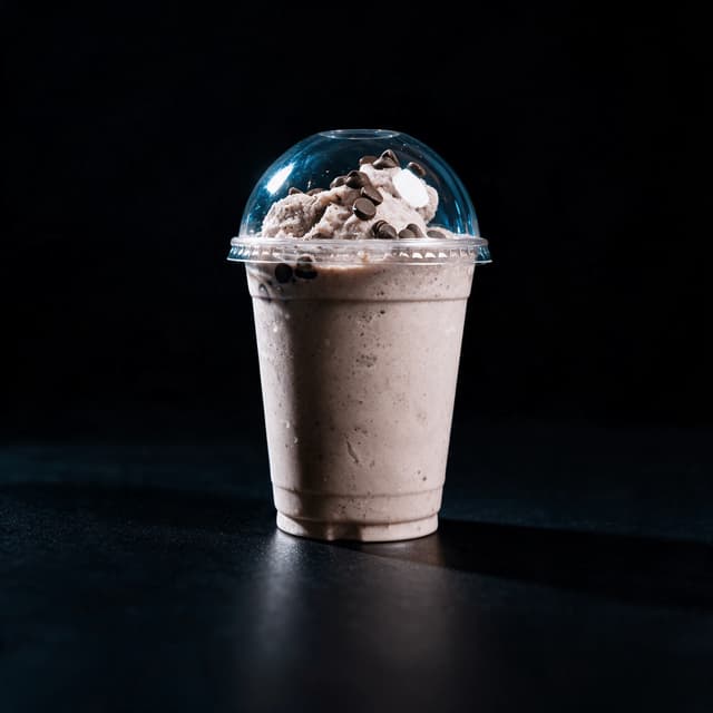 Thick chocolate milkshake in a clear cup with whipped cream against a deep blue studio backdrop