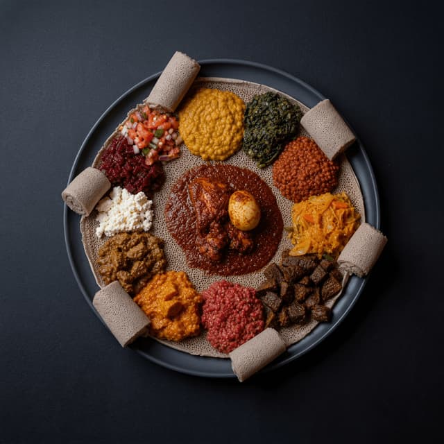 Giant Ethiopian injera platter many stews overhead dark monolith dramatic — injera platter card photography