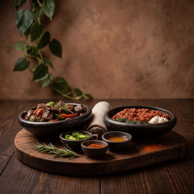 Ethiopian tibs kitfo beef dishes dramatic rustic clay sizzle mitmita — tibs kitfo card photography