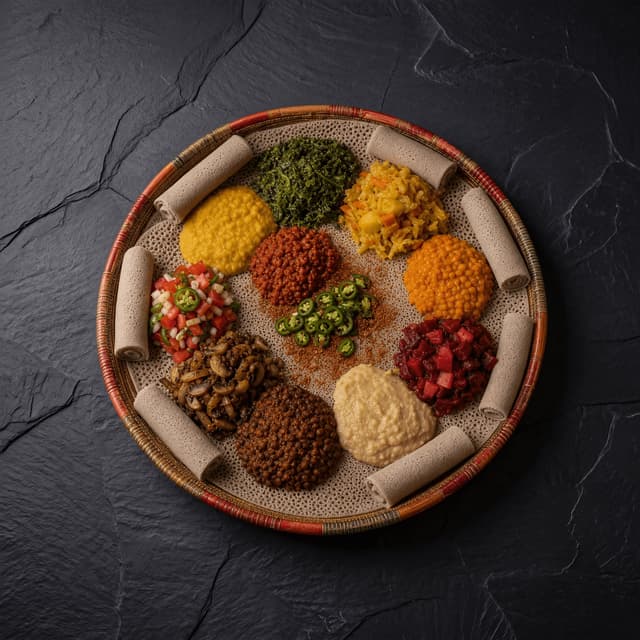 Ethiopian beyaynetu fasting platter colorful vegan stews overhead dark slate — beyaynetu card photography
