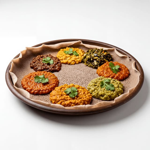 Ethiopian beyaynetu vegetarian fasting platter colorful stews injera overhead — beyaynetu hero photography