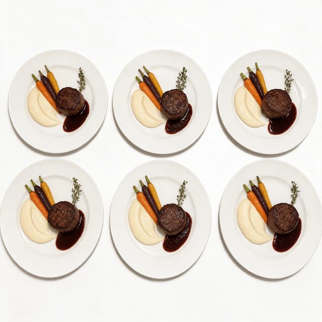 Six identical plated banquet main courses in an overhead grid, each with a beef medallion, puree, heritage carrots and red wine jus
