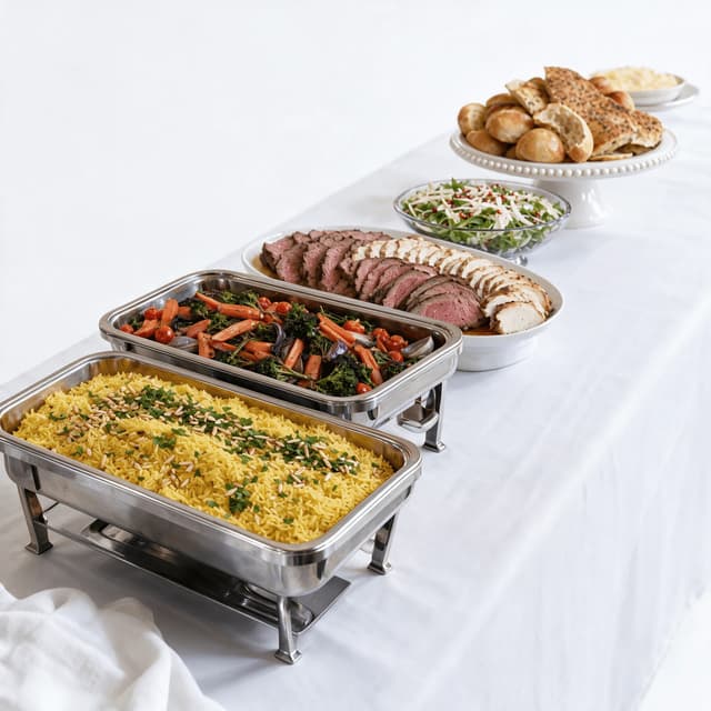 Dressed white buffet line with chafing pans of saffron rice and roasted vegetables, a platter of sliced roast meats, a salad bowl and a bread stand