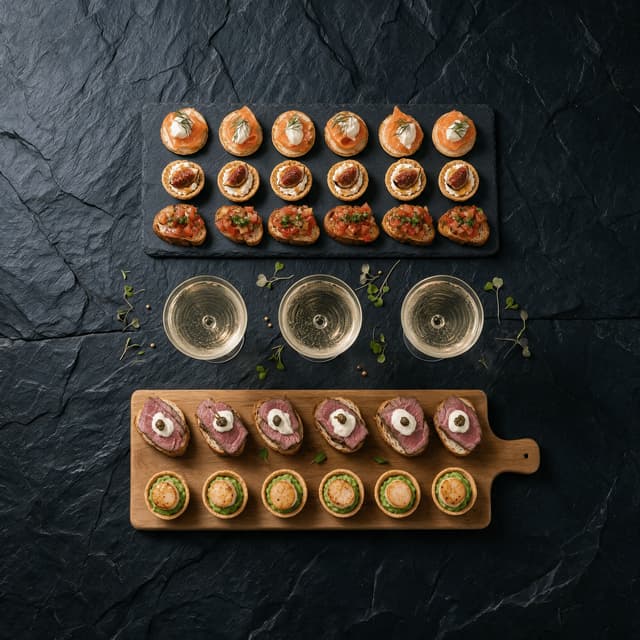 Overhead canape display on a slate tray and a wooden board with salmon blinis, fig tartlets, bruschetta, beef crostini and scallop tartlets beside three coupes of sparkling welcome drink