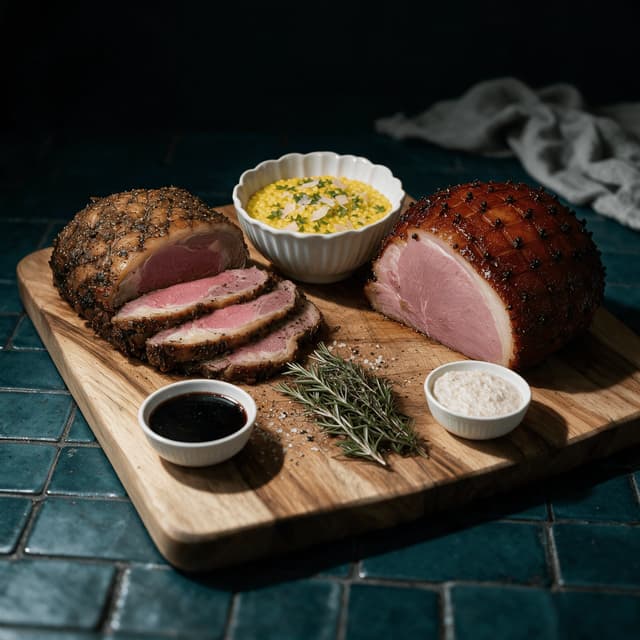 Carving station spread with a herb-crusted roast joint carved into slices, a clove-studded glazed ham, a bowl of saffron couscous and dishes of jus and horseradish cream on a wooden board