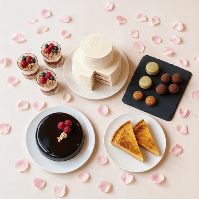 Two-tier buttercream celebration cake beside plated chocolate delice, lemon tart slices and berry pots on a pale surface with blush petals
