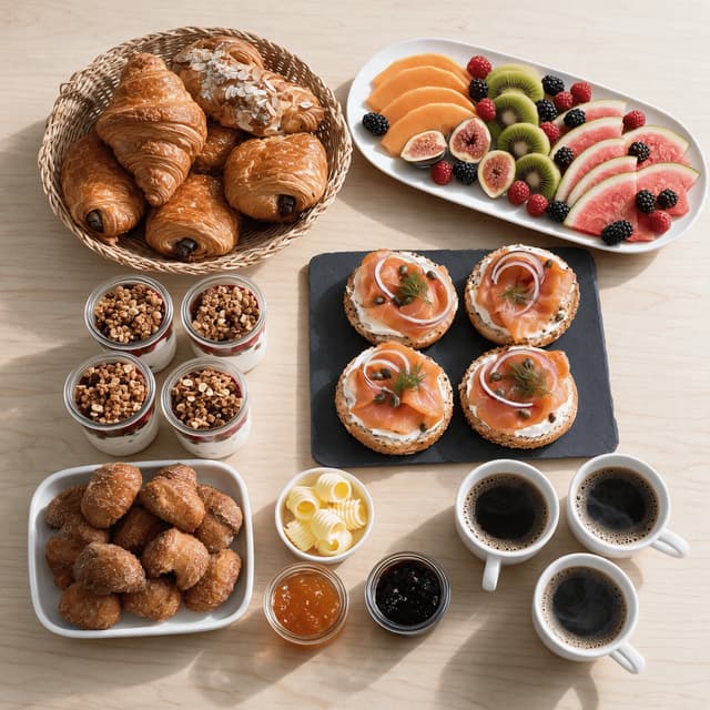 Overhead conference break spread with pastries, a fruit platter, yoghurt pots, smoked salmon bagels and coffee cups on light wood