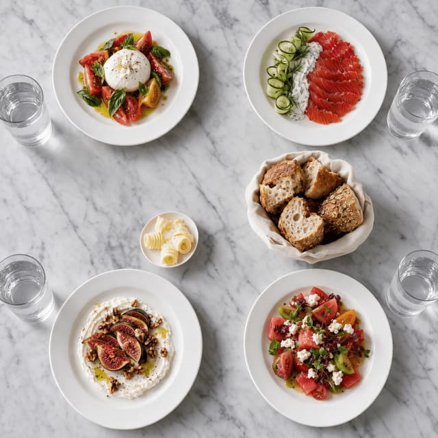 Overhead view of four matching plated banquet starters with water glasses, a bread basket and a dish of butter curls on marble