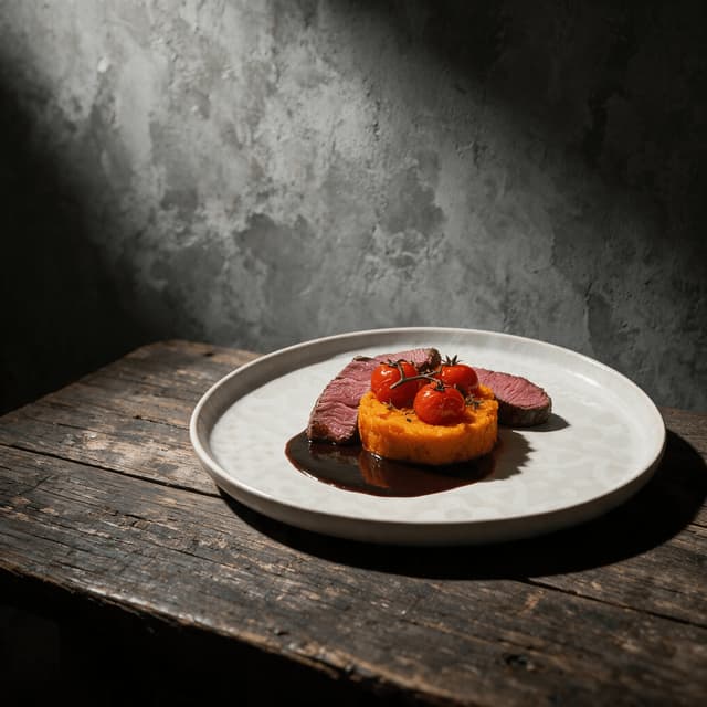 Sliced beef tenderloin fanned beside a moulded round of squash puree with roasted vine cherry tomatoes and red wine jus on a wide white banquet plate
