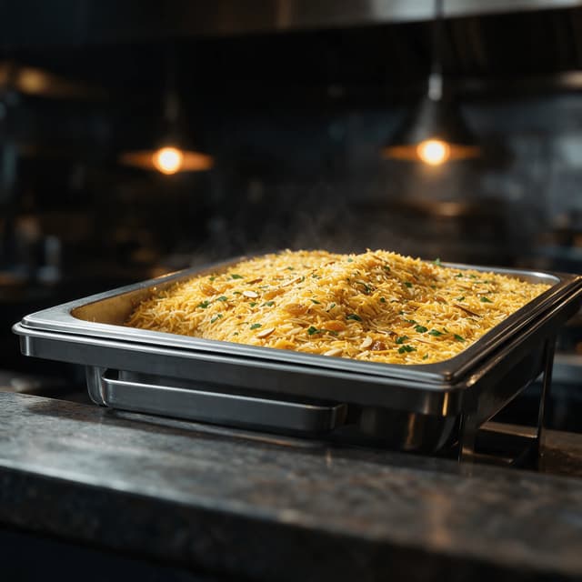 Golden saffron rice pilaf with toasted almonds, sultanas and parsley filling a stainless chafing pan under warm service lamps on a kitchen pass