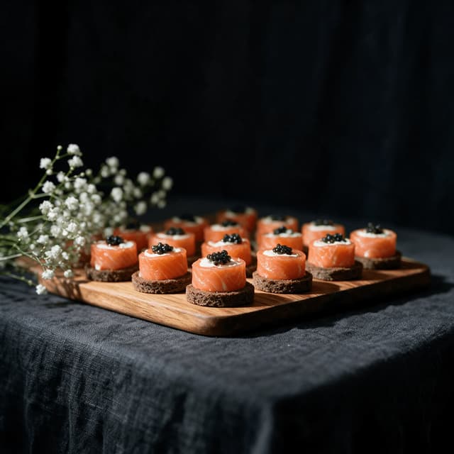 Rows of smoked salmon rolls topped with creme fraiche and caviar on dark rye rounds across a wooden board, with white blossom behind