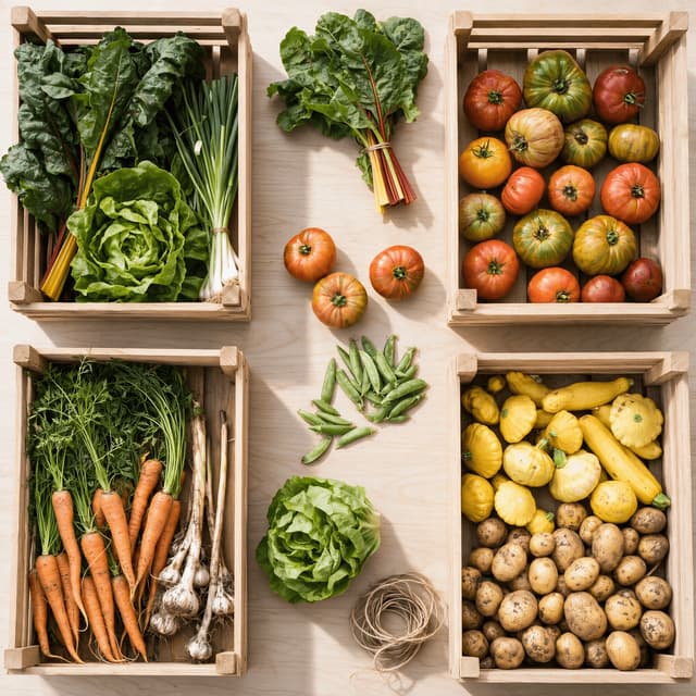 Overhead spread of four packed share crates surrounded by loose seasonal vegetables on timber