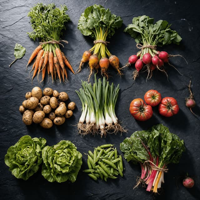 Overhead spread of freshly pulled root vegetables and greens laid out with soil on dark slate