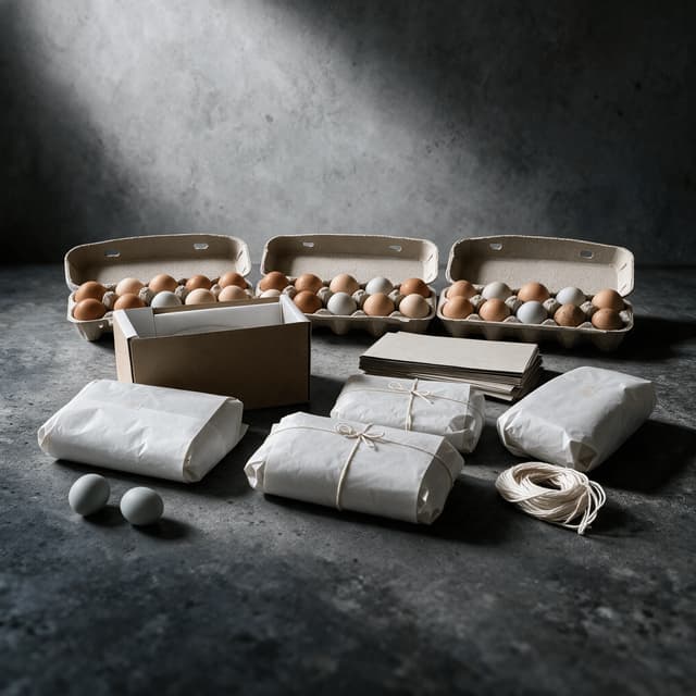 Spread of open egg cartons and butcher paper wrapped parcels arranged on a grey concrete surface