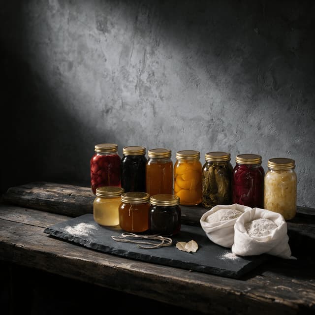 Spread of many unlabelled preserve jars honey jars and cloth flour sacks on a terracotta surface