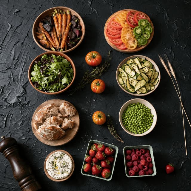 Overhead spread of shared serving platters and bowls down a long rustic table with berry baskets
