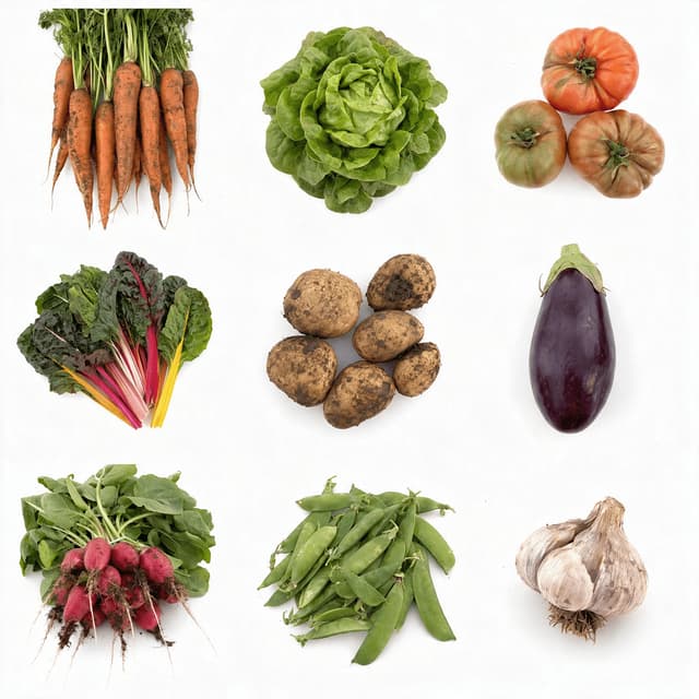 Overhead three by three grid of nine single seasonal vegetables evenly spaced on a white surface