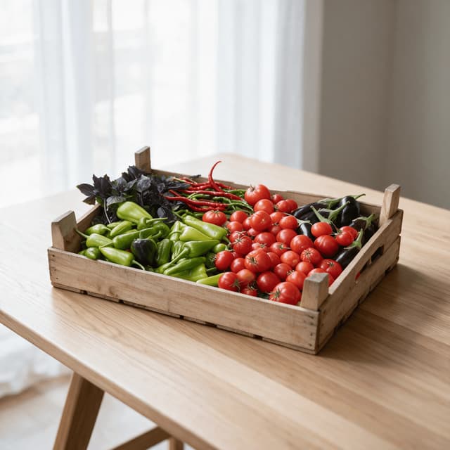 Single slatted wooden share crate packed with mixed seasonal vegetables on a plain farmhouse table