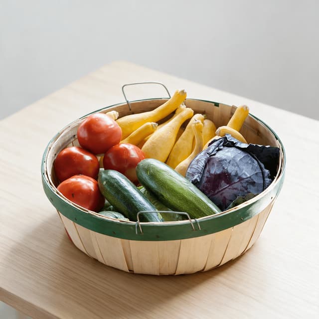 Single wide woven basket heaped with mixed summer squash on a market stall table in daylight