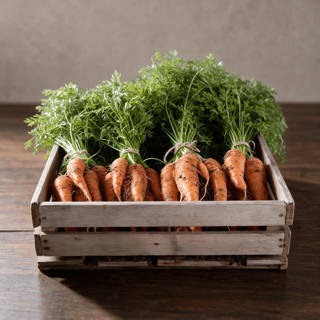 Single bundle of just-pulled carrots with green tops and soil still clinging to the roots