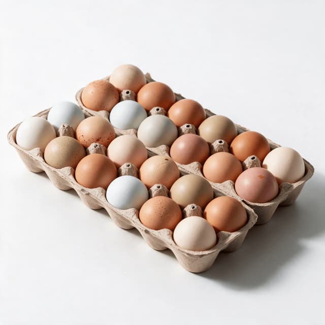 Single open carton of pasture raised eggs with mixed brown blue and speckled shells