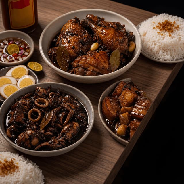 Filipino adobo chicken pork soy vinegar braise glossy glaze garlic rice dark walnut — adobo card photography