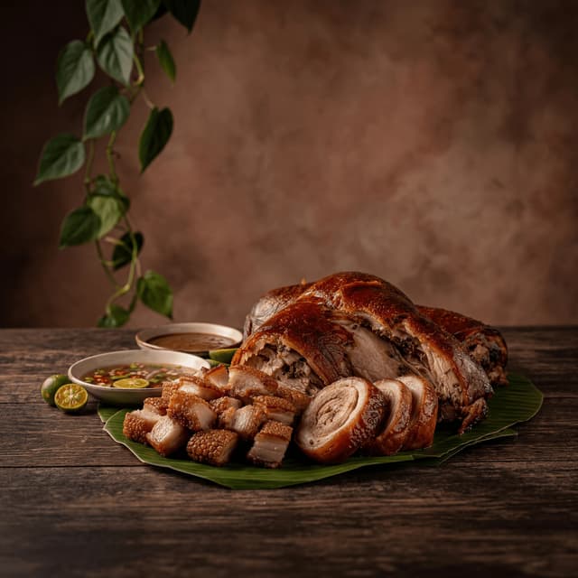 Filipino lechon roast pork mahogany crackle skin lechon kawali belly cubes rustic dark — lechon card photography
