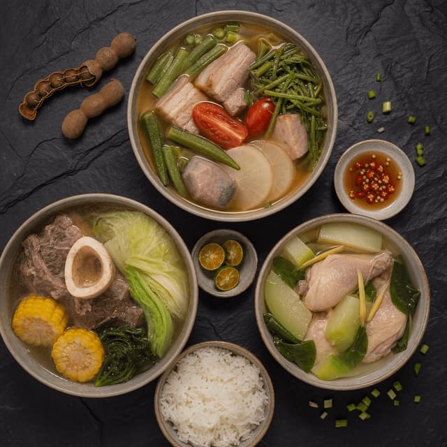 Filipino sinigang bulalo tinola sour soups tamarind vegetables overhead slate — sinigang card photography