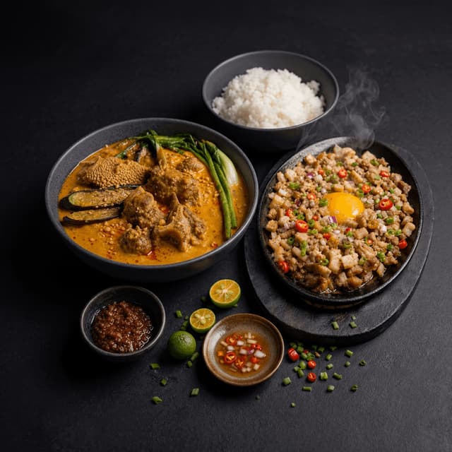 Filipino kare-kare sisig peanut oxtail sizzling pork bagoong dark monolith — kare-kare sisig card photography