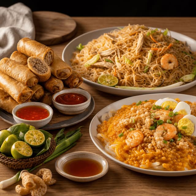 Filipino lumpia pancit bihon palabok shanghai spring rolls noodles cozy warm wood — lumpia pancit card photography