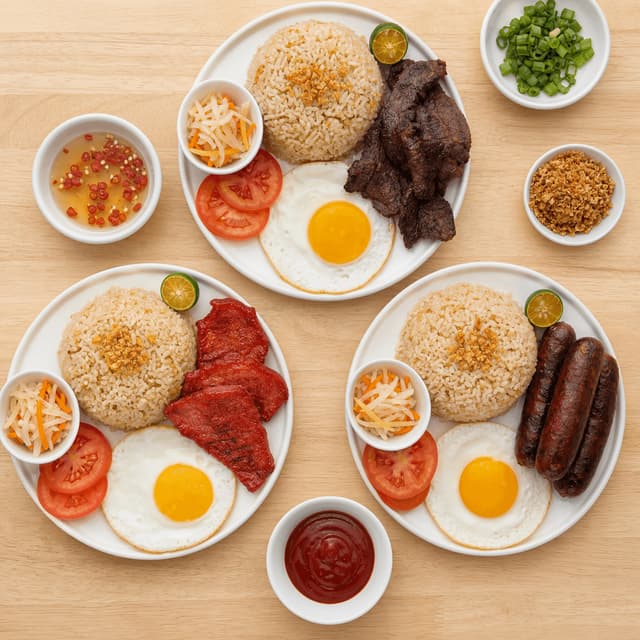 Filipino silog breakfast tapsilog tocilog longsilog sinangag fried rice sunny egg overhead light wood — silog card photography