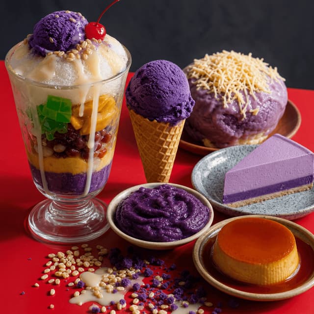 Filipino halo-halo ube desserts ice cream ensaymada leche flan purple red cafe brunch — halo-halo ube card photography