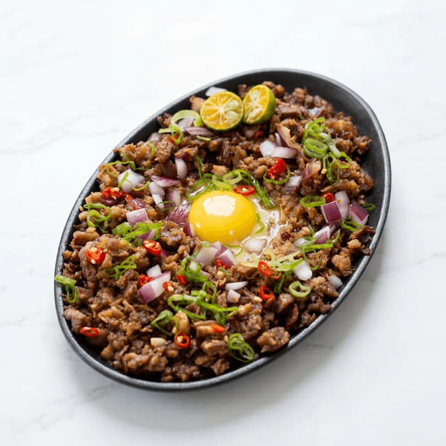 Sisig filipino sizzling chopped pork sizzling plate calamansi chili egg onion — sisig hero photography