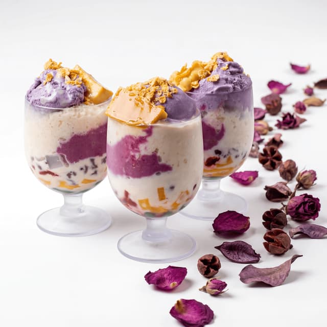 Halo-halo filipino shaved ice ube flan sweet beans jackfruit condensed milk tall glass layers — halo-halo hero photography